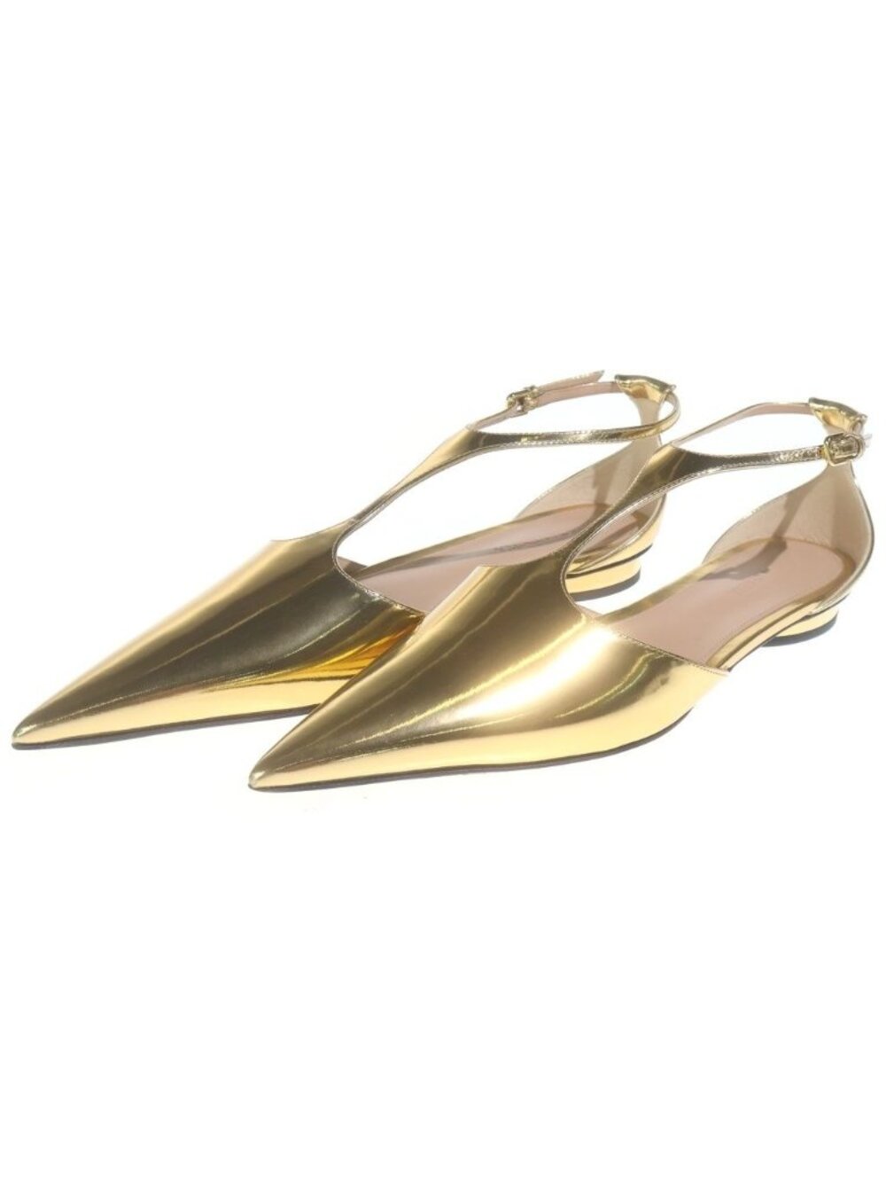 Bottega Veneta Rocket Pointed Toe Metallic Leather Strap Flat Pumps Shoes Gold